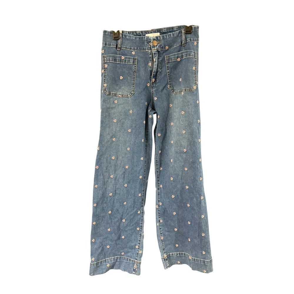Lola Jeans Colette High Rise Wide Leg Floral Embroidered Denim Blue Size 29